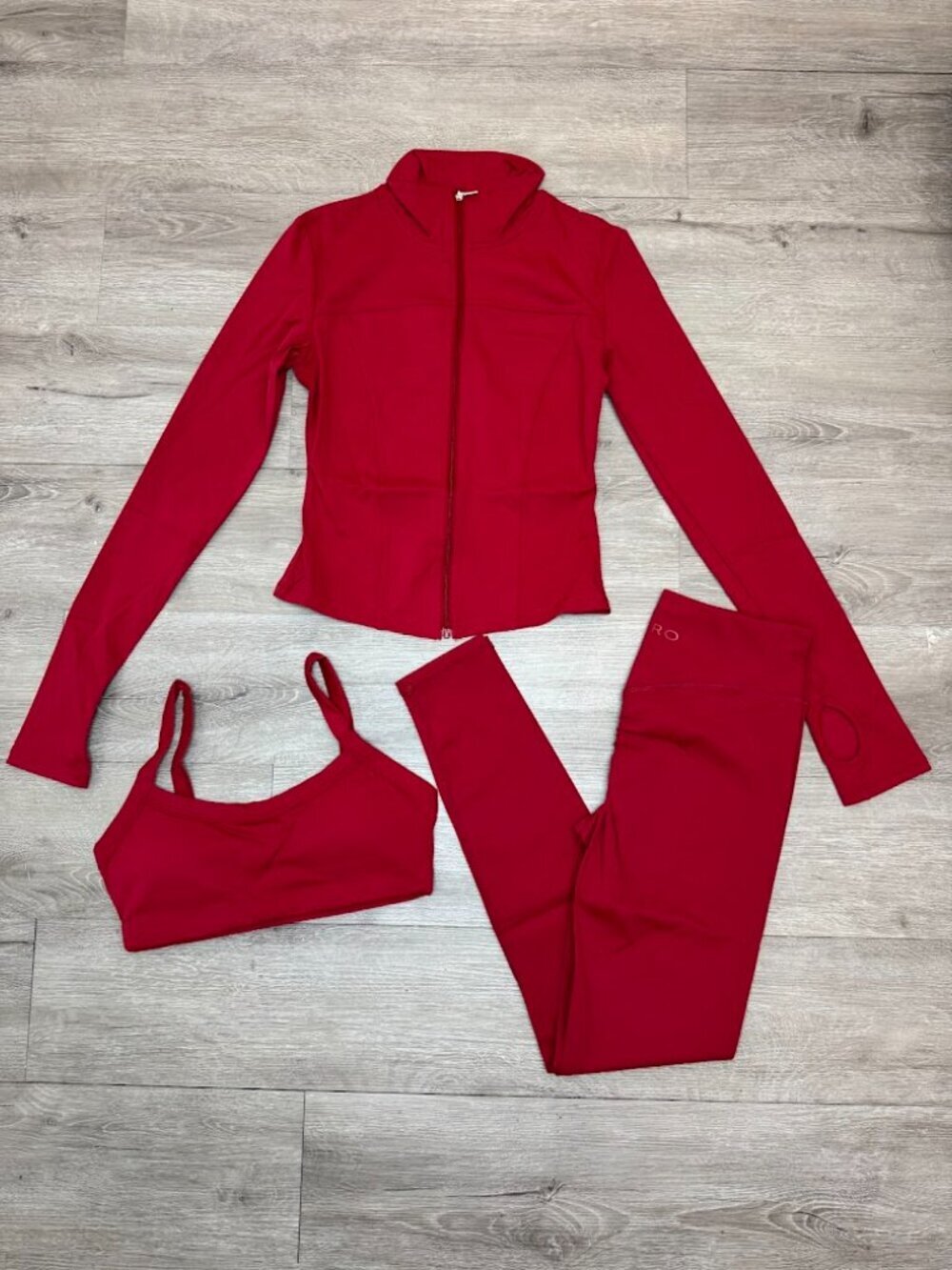Red Matching 3 Piece Athleisure Set Jacket Leggings Sports Bra
